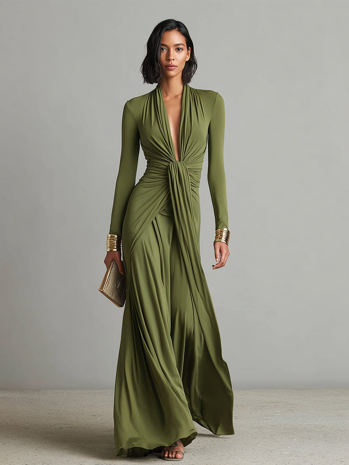 V-Neck Olive Silk Maxi Dress