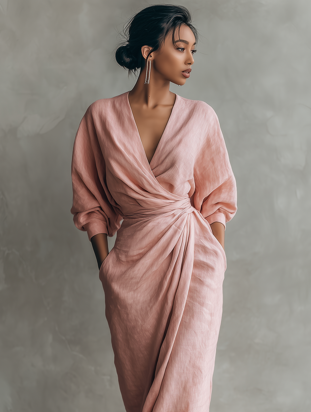 V-Neck Pink Linen Maxi Dress