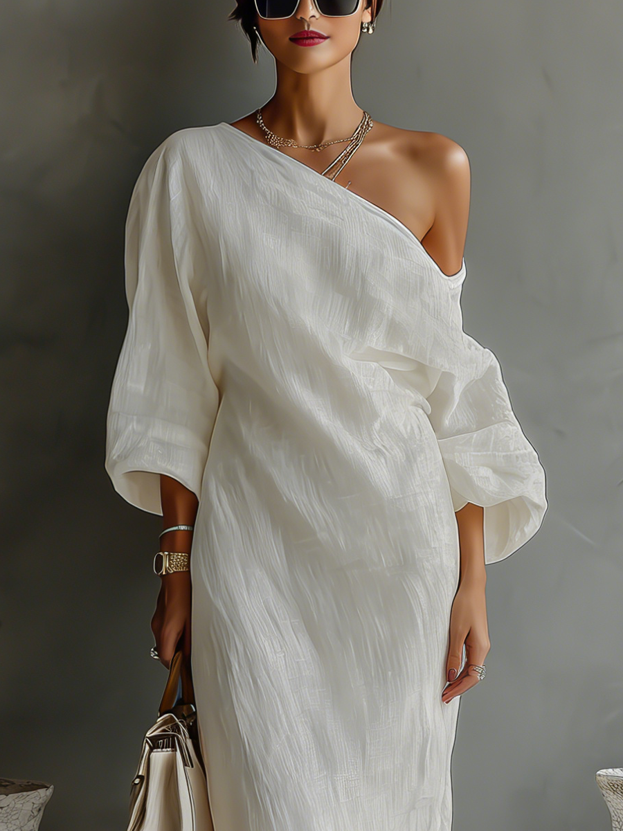 Off-Shoulder Ivory Linen Dress