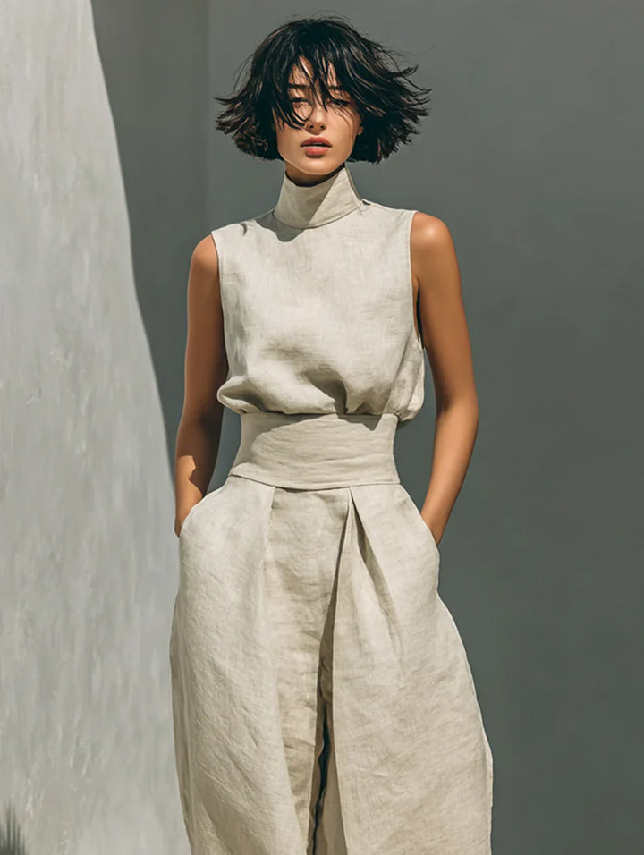 Florence™ | Women's Minimalist Sleeveless Blouse and Wide-Leg Trousers Set in Cotton and Linen