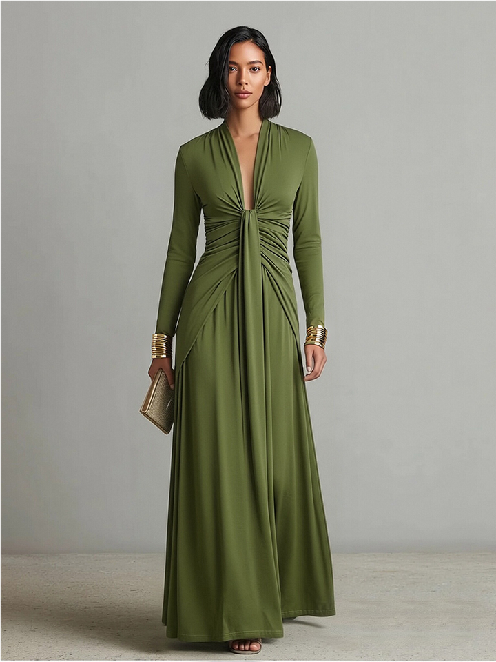 V-Neck Olive Silk Maxi Dress