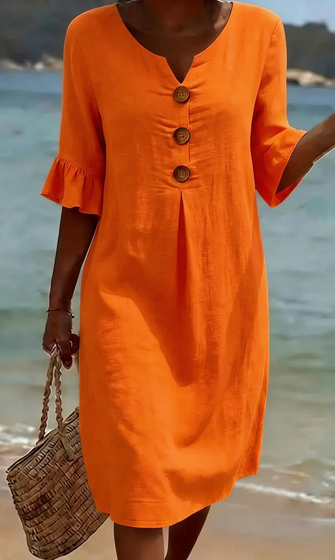 Vanessa™ | Puff Sleeve Linen Textured Dress with Button Details