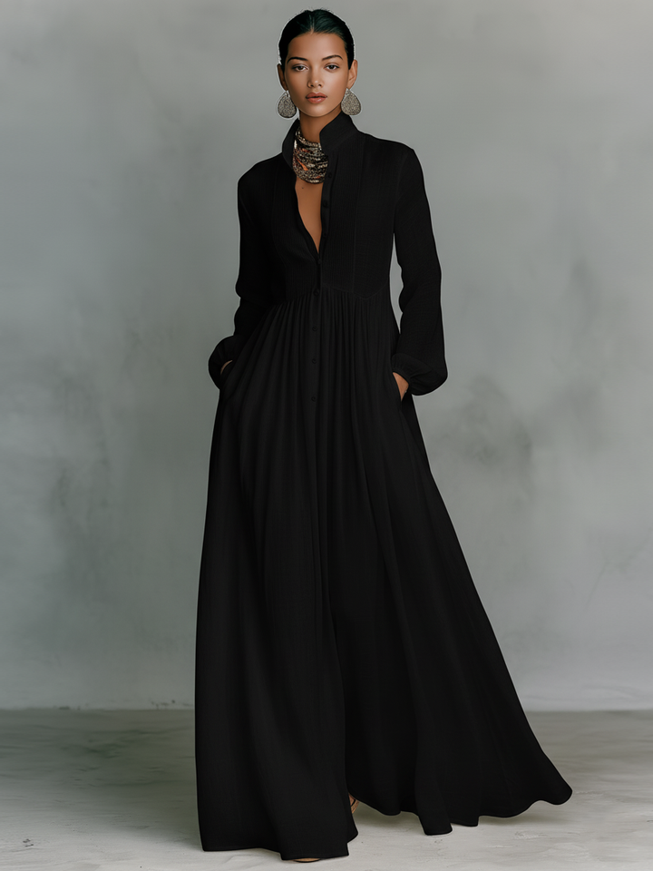 Stand Collar Patchwork Linen Maxi Dress