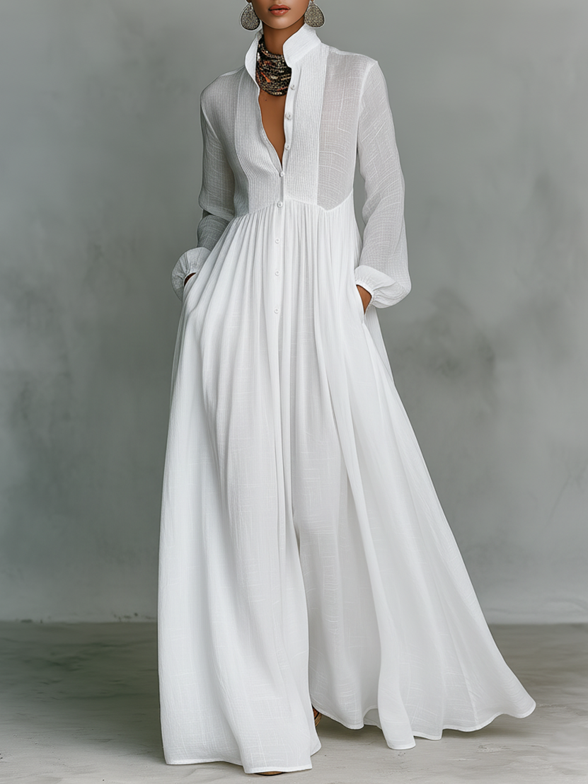Stand Collar Patchwork Linen Maxi Dress