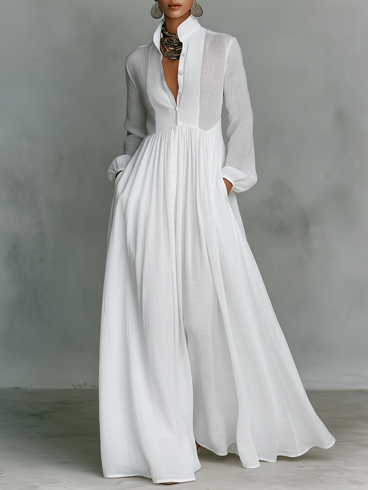 Stand Collar Patchwork Linen Maxi Dress