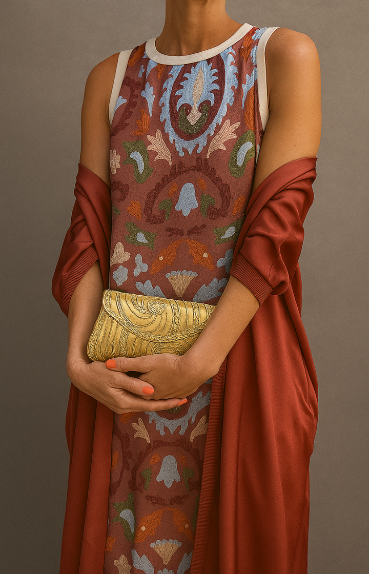 Elina | Long Printed Dress Set with Matching Waistcoat