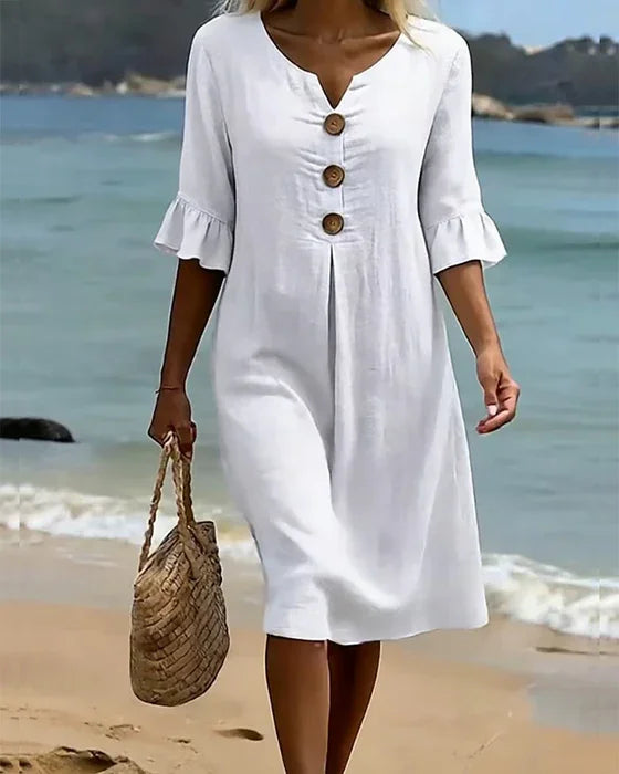 Vanessa™ | Puff Sleeve Linen Textured Dress with Button Details