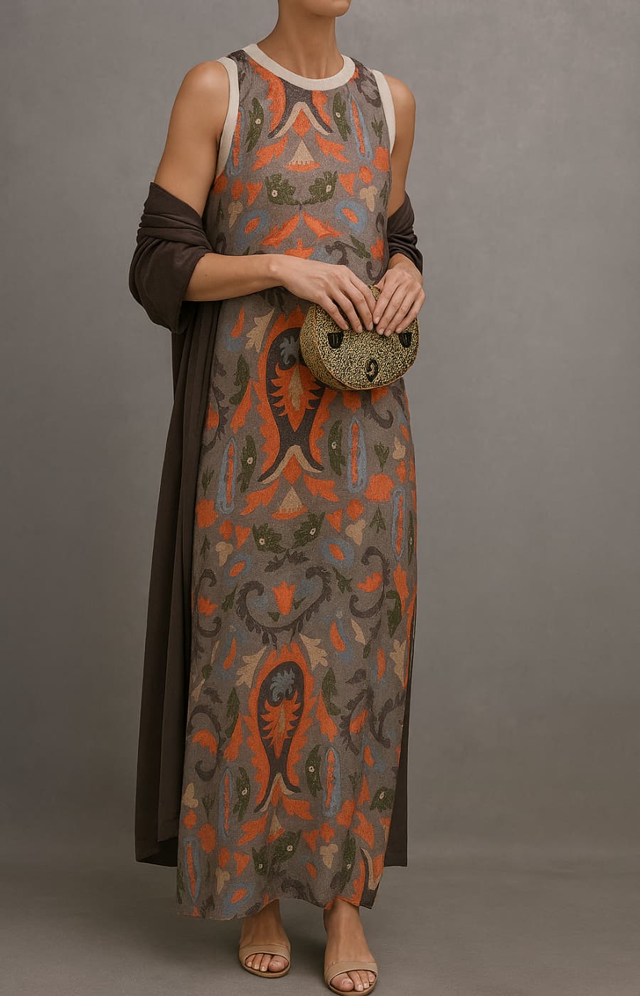 Elina | Long Printed Dress Set with Matching Waistcoat