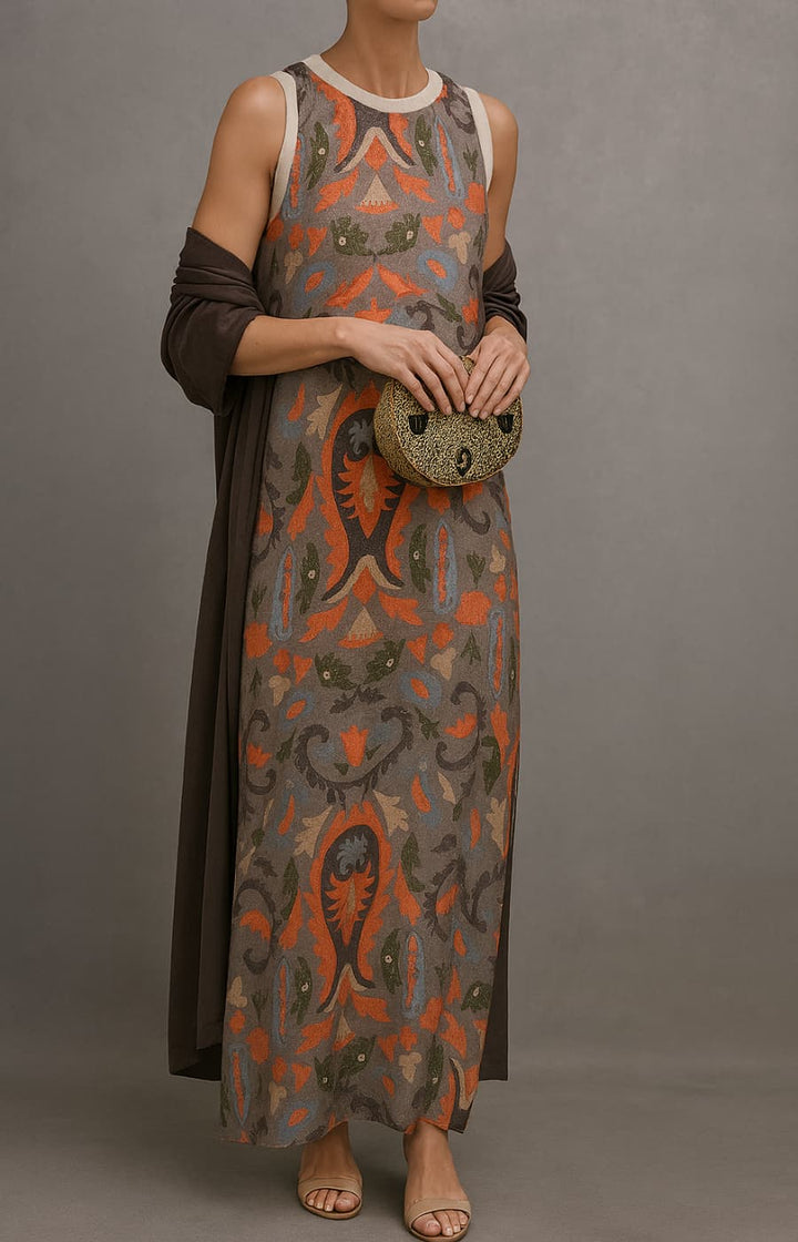 Elina | Long Printed Dress Set with Matching Waistcoat
