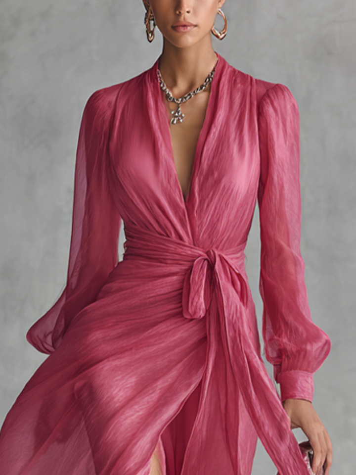 V-Neck Pink Chiffon Dress