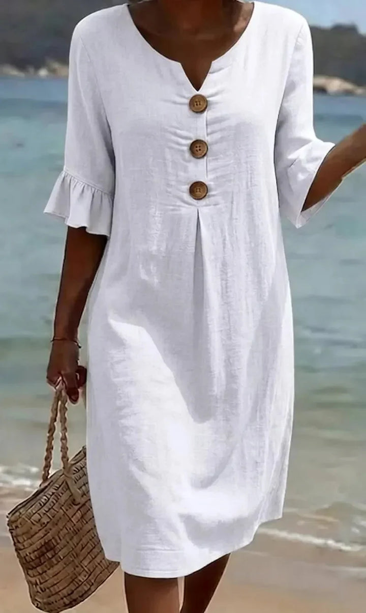 Vanessa™ | Puff Sleeve Linen Textured Dress with Button Details