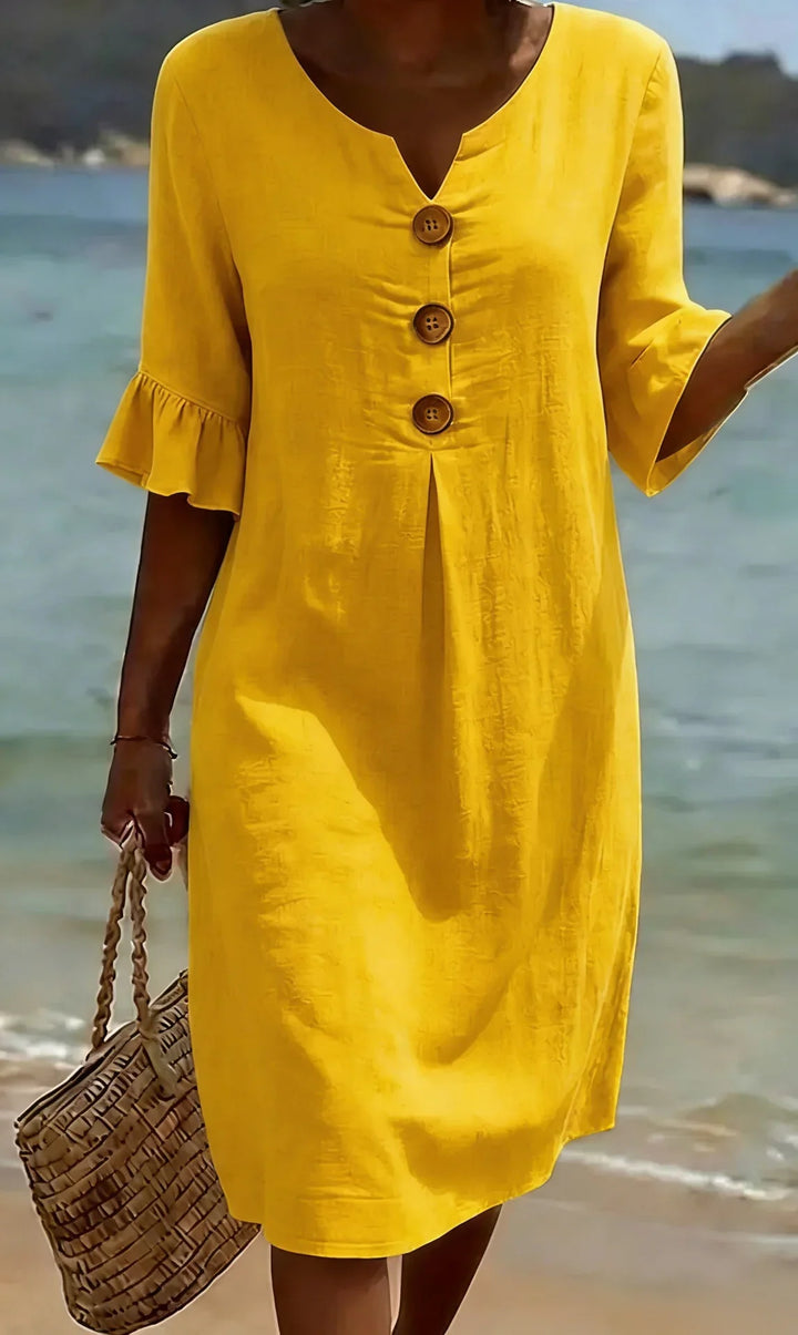 Vanessa™ | Puff Sleeve Linen Textured Dress with Button Details