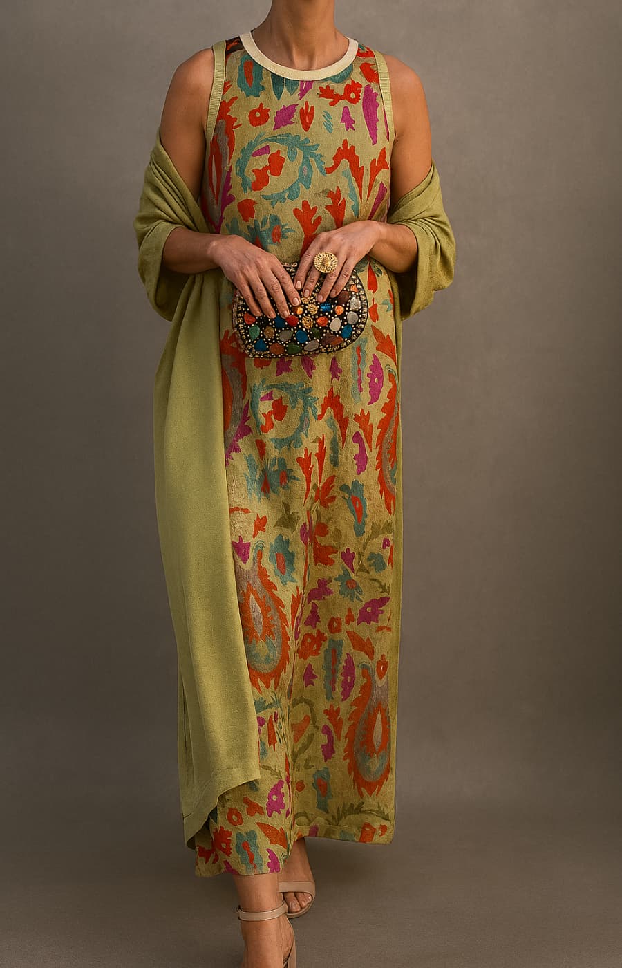 Elina | Long Printed Dress Set with Matching Waistcoat