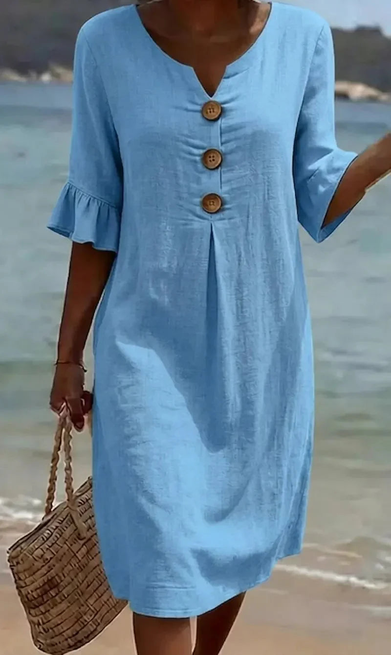 Vanessa™ | Puff Sleeve Linen Textured Dress with Button Details
