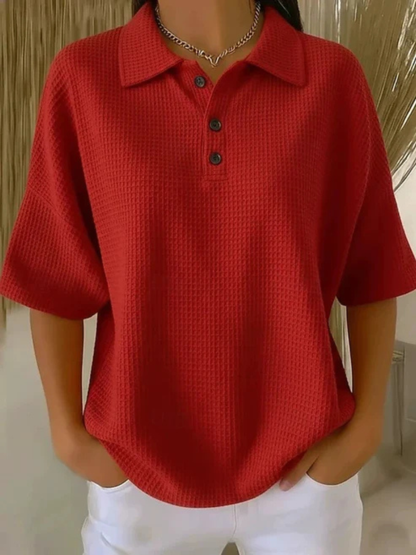 Hazel | Waffle Polo Blouse