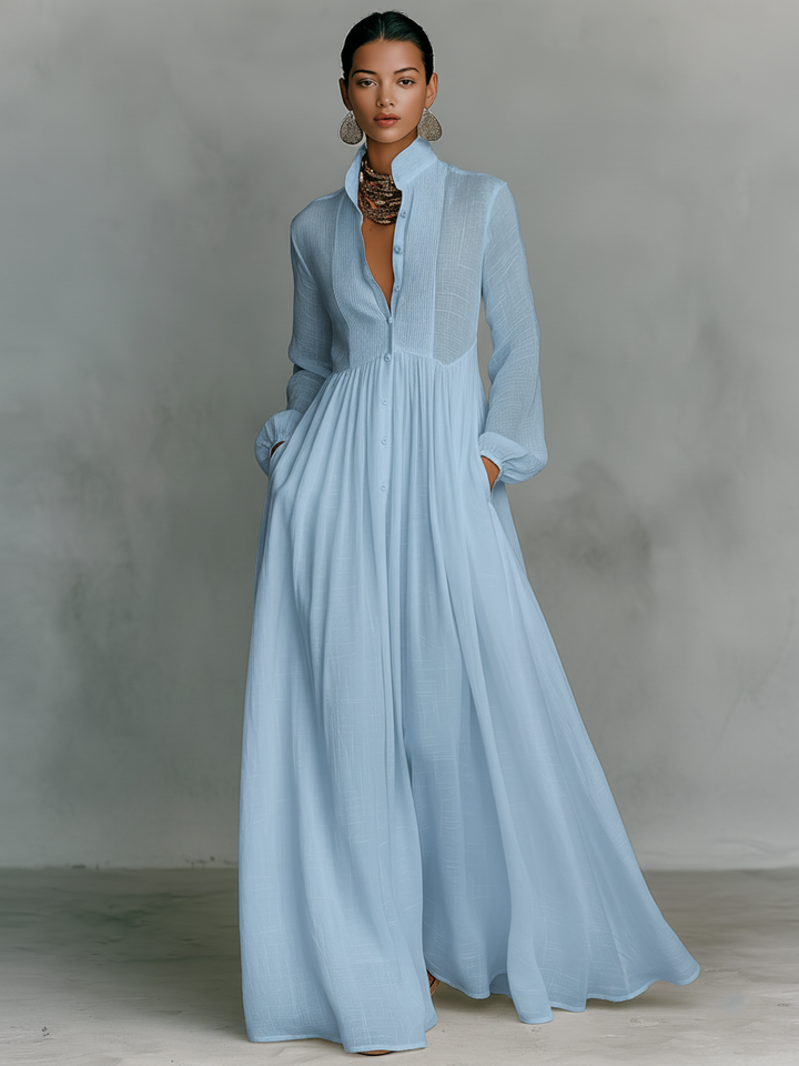 Stand Collar Patchwork Linen Maxi Dress