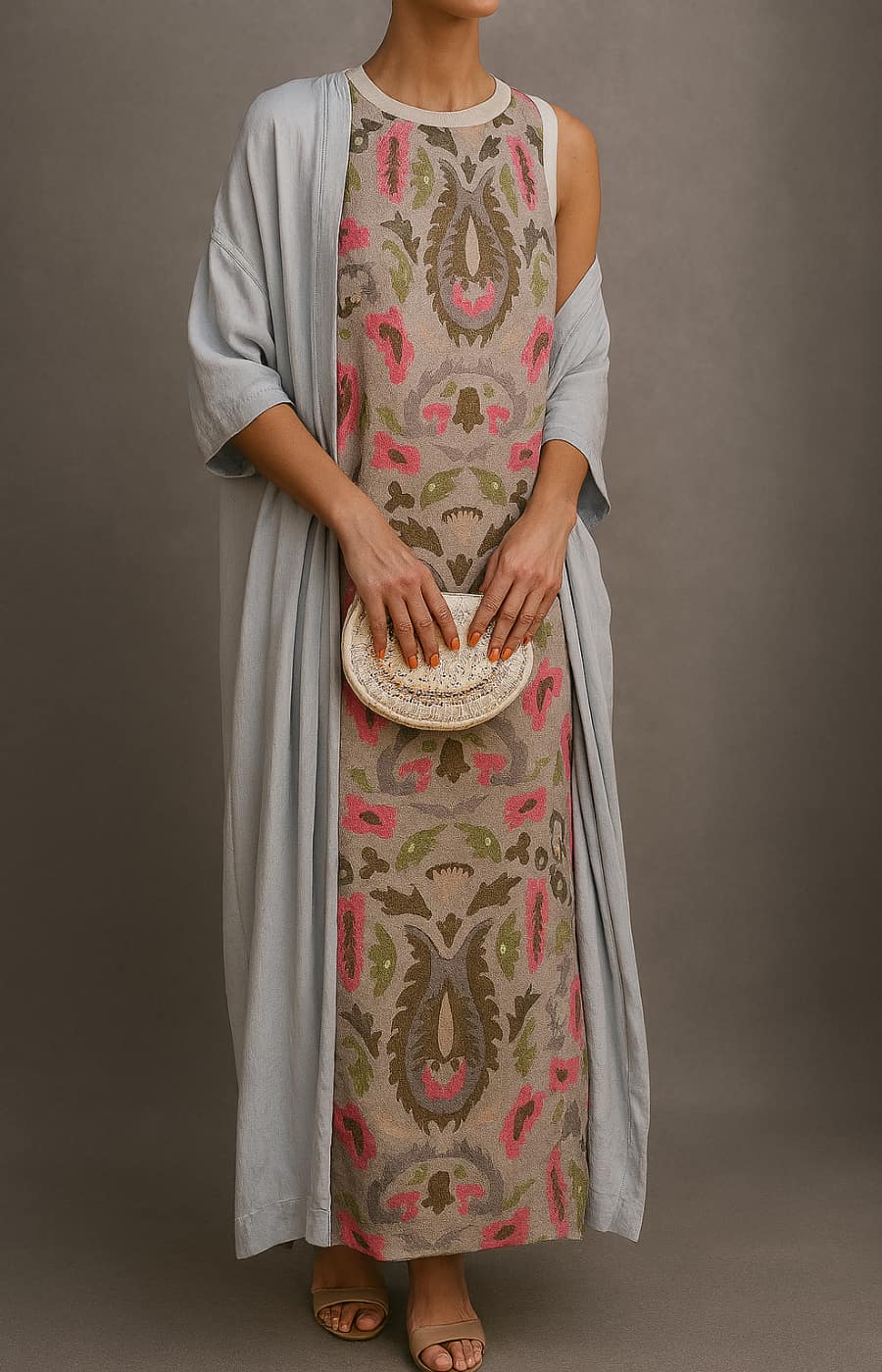 Elina | Long Printed Dress Set with Matching Waistcoat