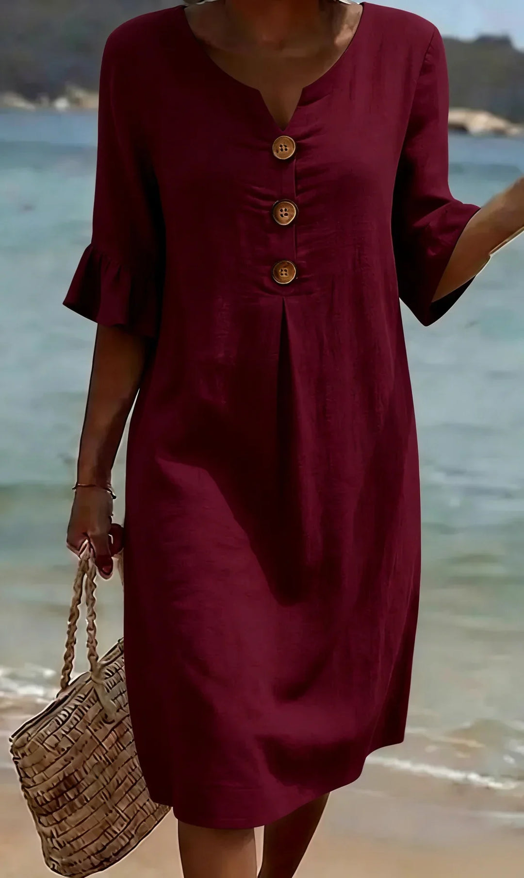 Vanessa™ | Puff Sleeve Linen Textured Dress with Button Details