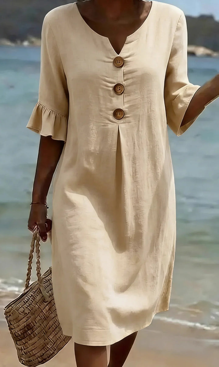 Vanessa™ | Puff Sleeve Linen Textured Dress with Button Details