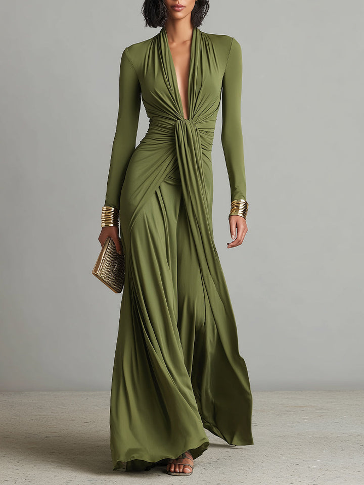 V-Neck Olive Silk Maxi Dress