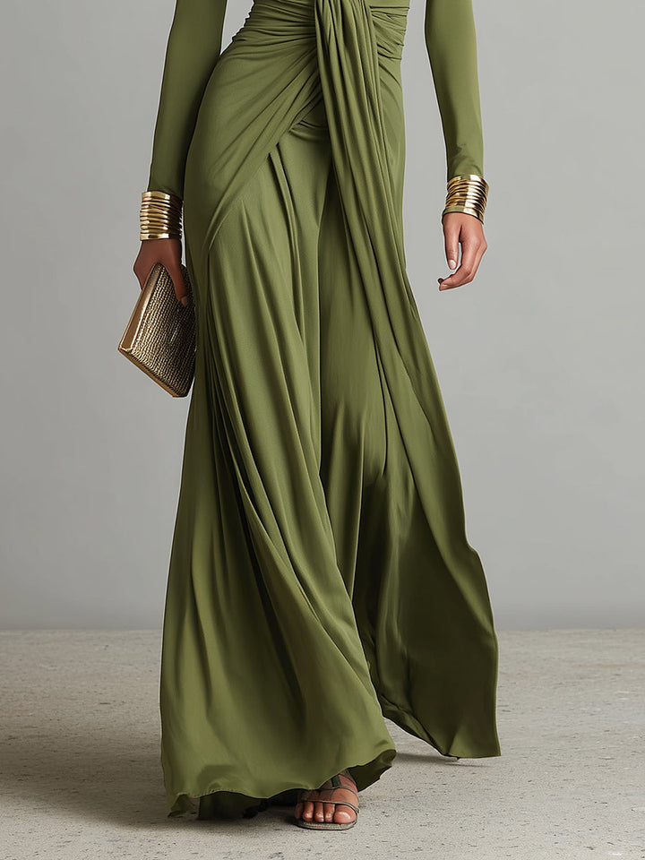 V-Neck Olive Silk Maxi Dress