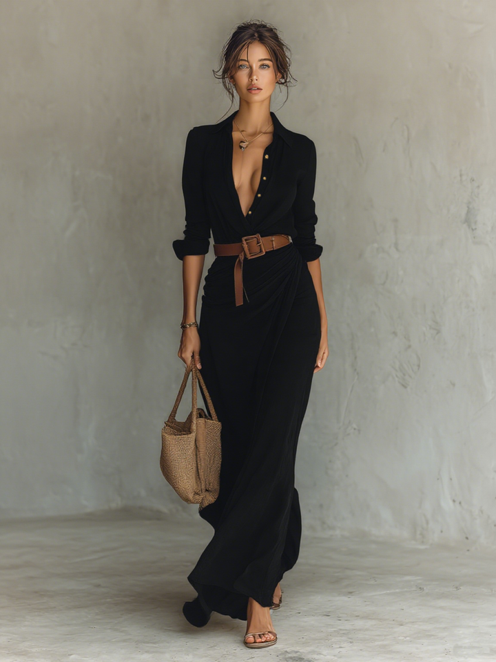 Long Sleeve Maxi Dress with Notched Collar