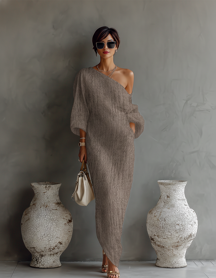 Off-Shoulder Ivory Linen Dress