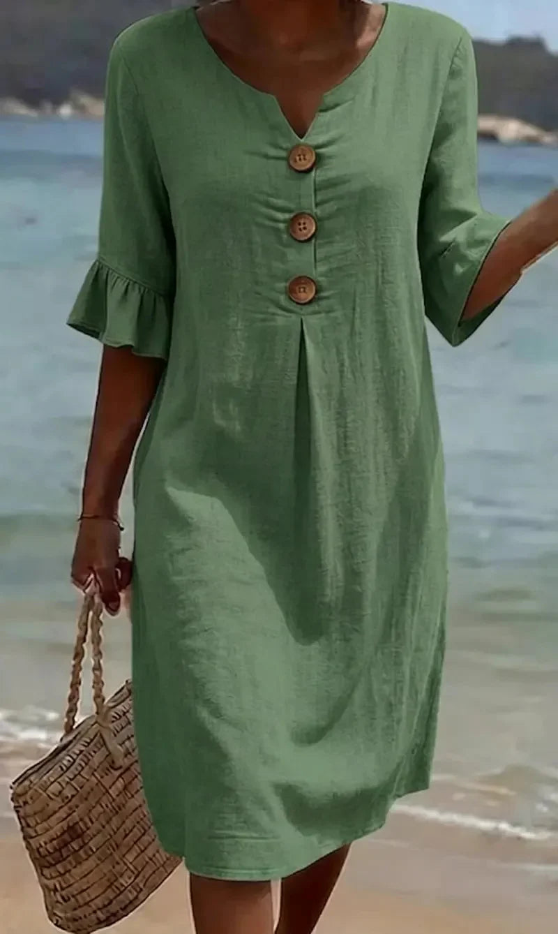 Vanessa™ | Puff Sleeve Linen Textured Dress with Button Details