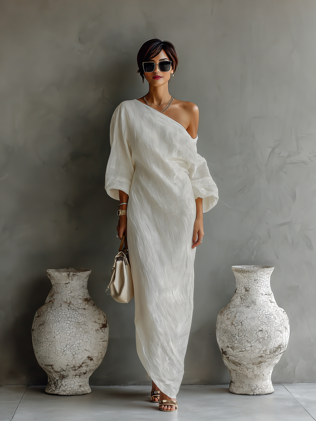 Off-Shoulder Ivory Linen Dress