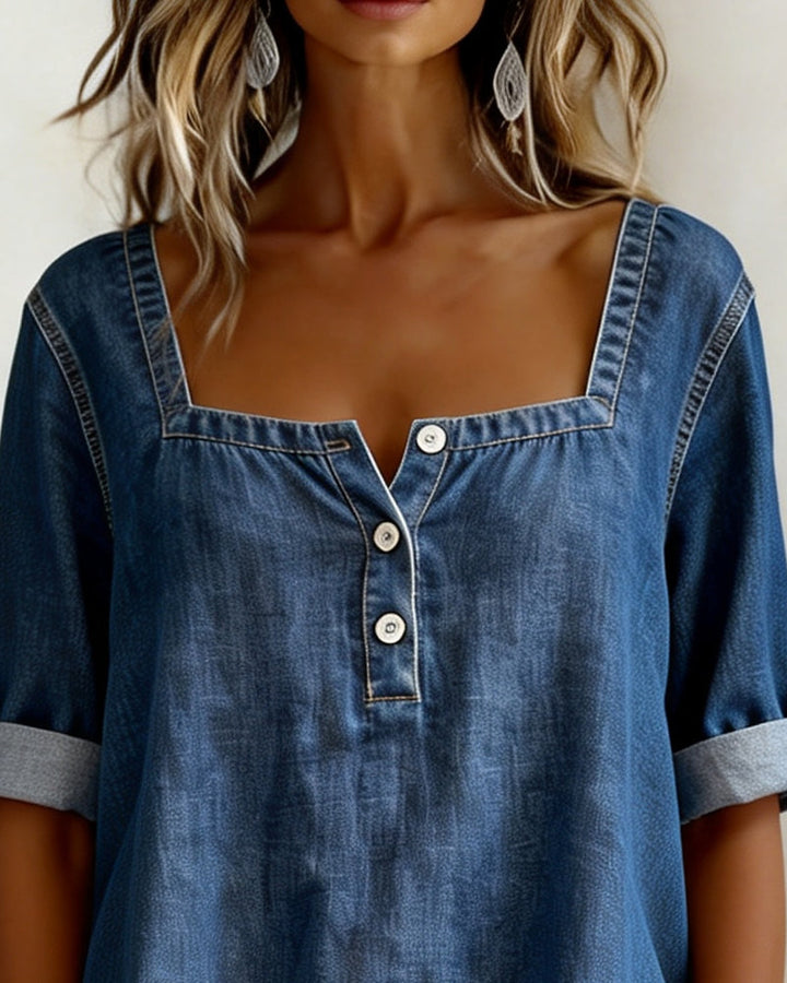 Avélia™ | Denim Shirt with Square Collar