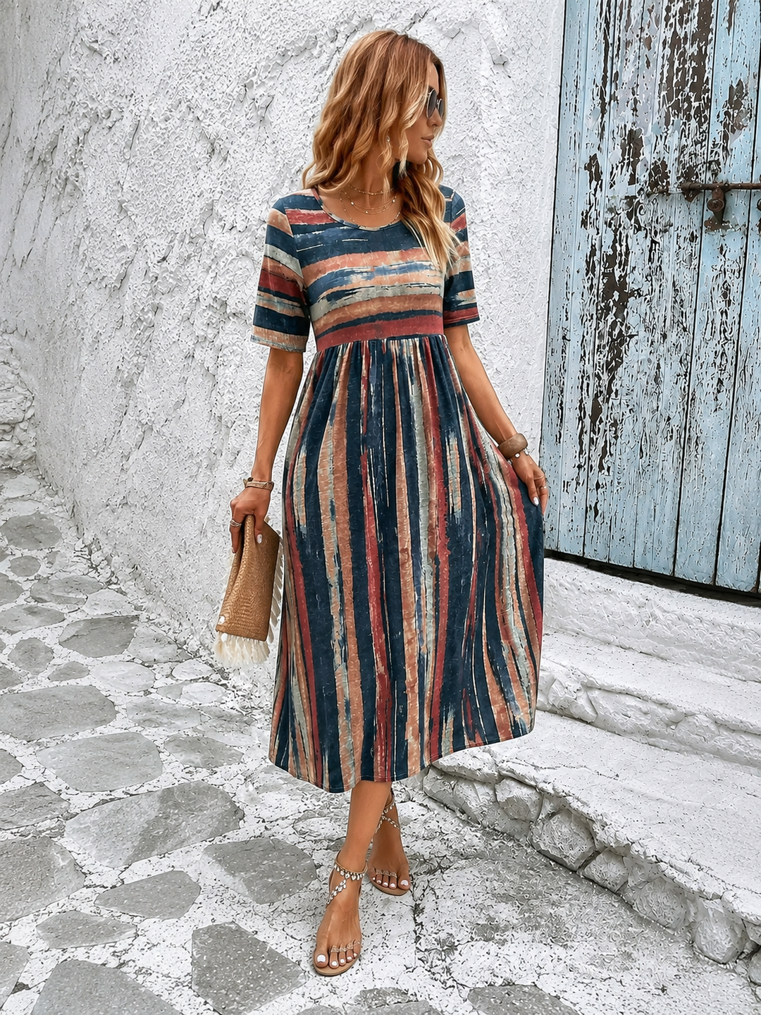 WILLOW | ELEGANT STRIPED TUMMY-COVERAGE MIDI DRESS