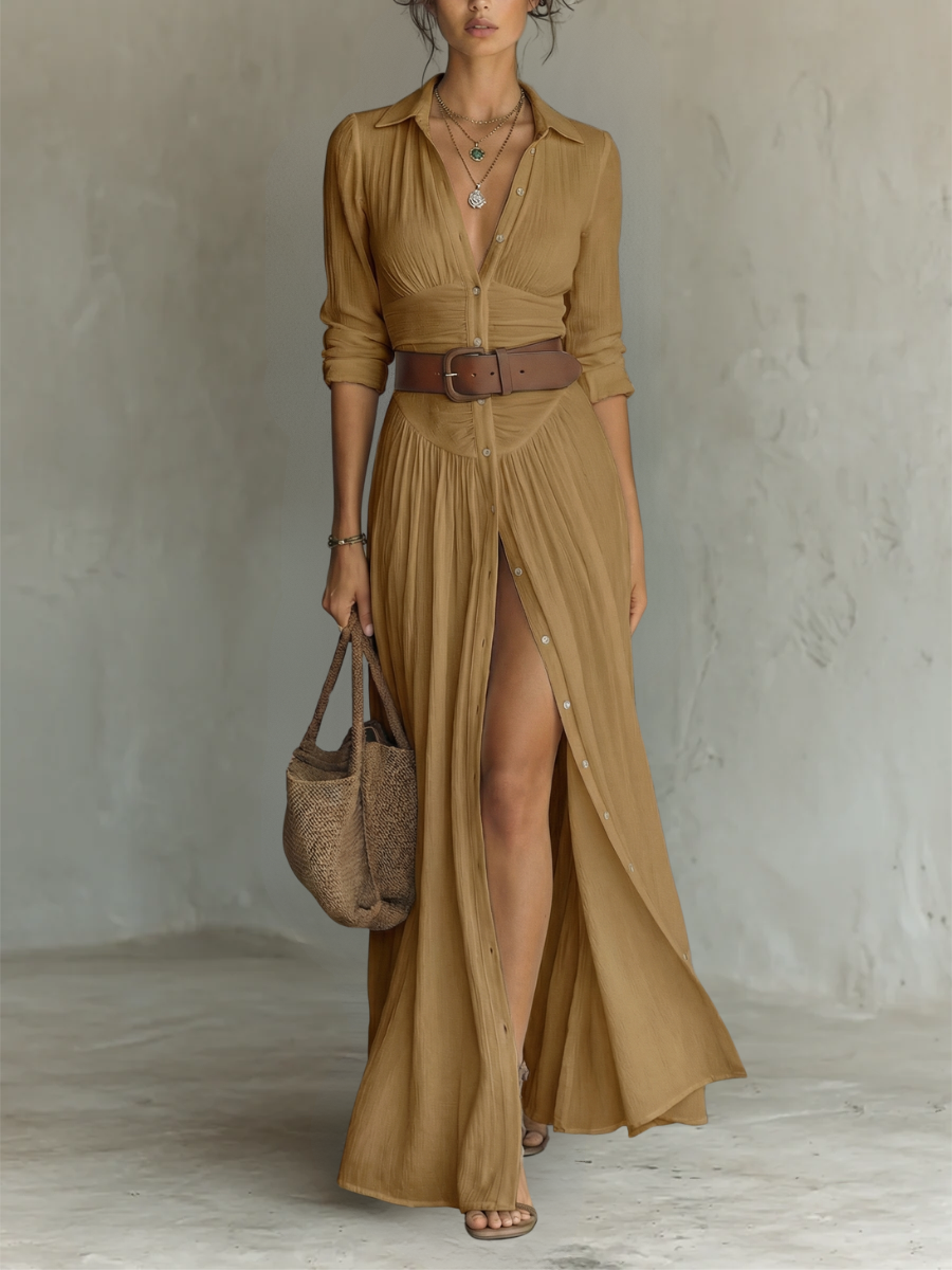 Long Sleeve Notched Collar Linen Maxi Dress