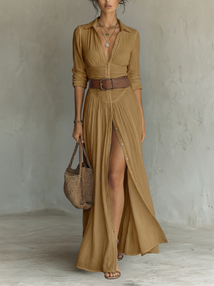 Long Sleeve Notched Collar Linen Maxi Dress