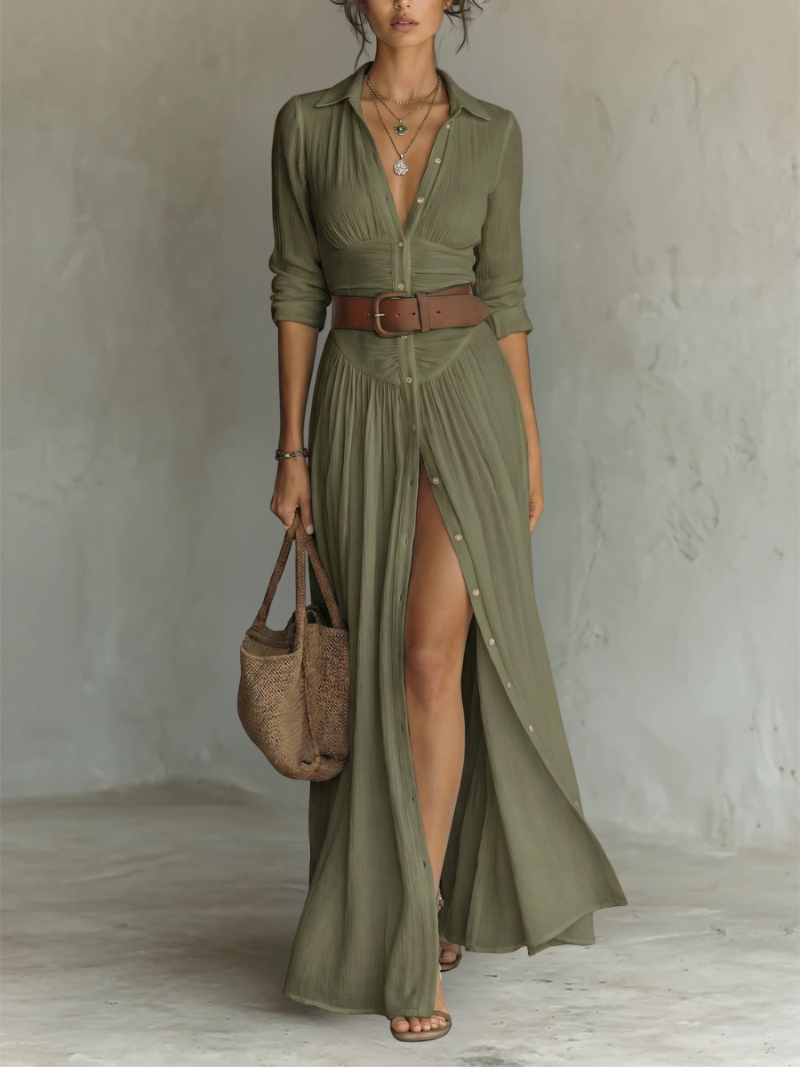 Long Sleeve Notched Collar Linen Maxi Dress