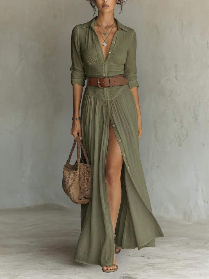 Long Sleeve Notched Collar Linen Maxi Dress