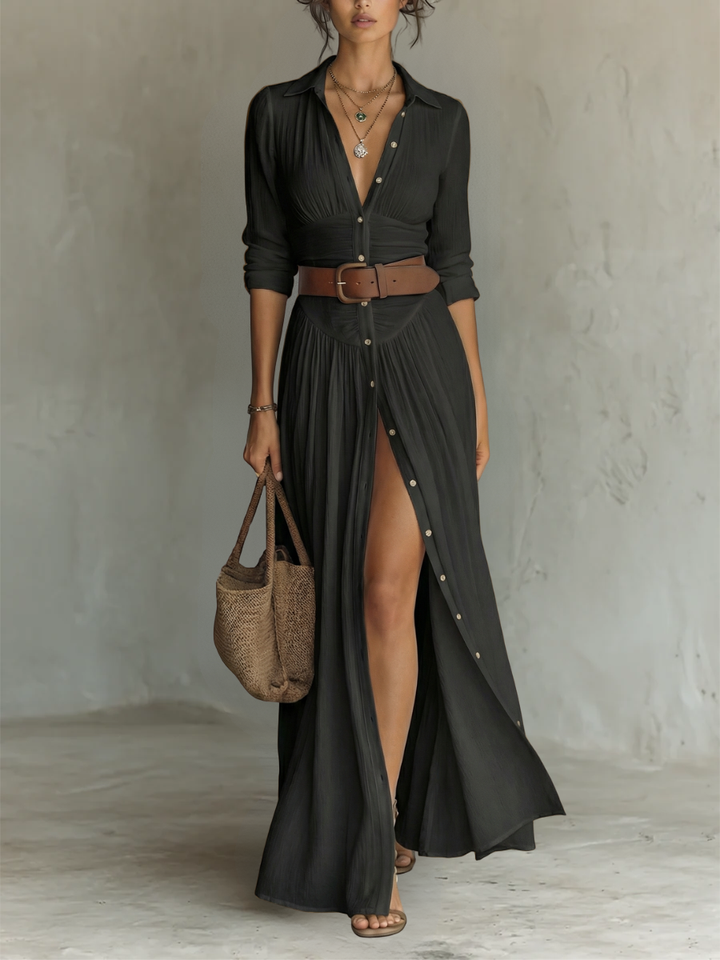 Long Sleeve Notched Collar Linen Maxi Dress