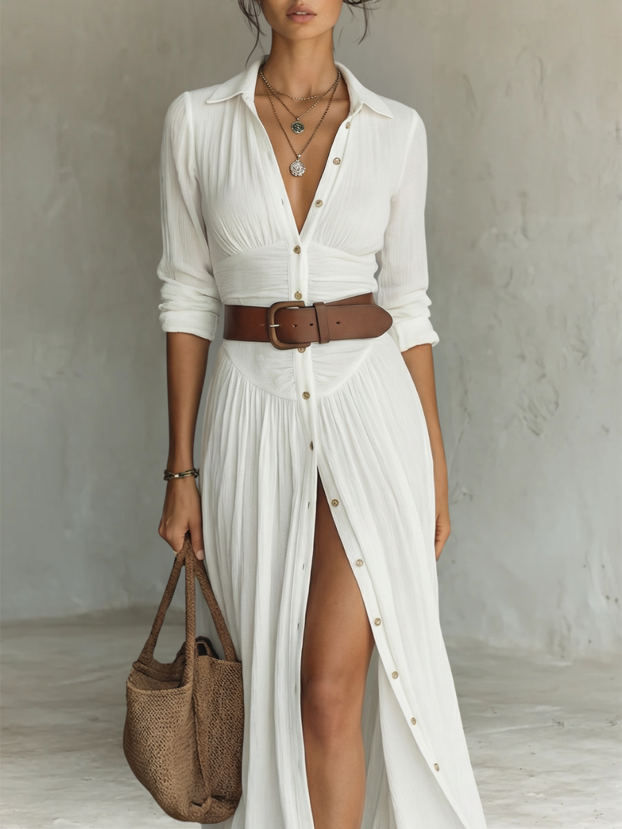Long Sleeve Notched Collar Linen Maxi Dress