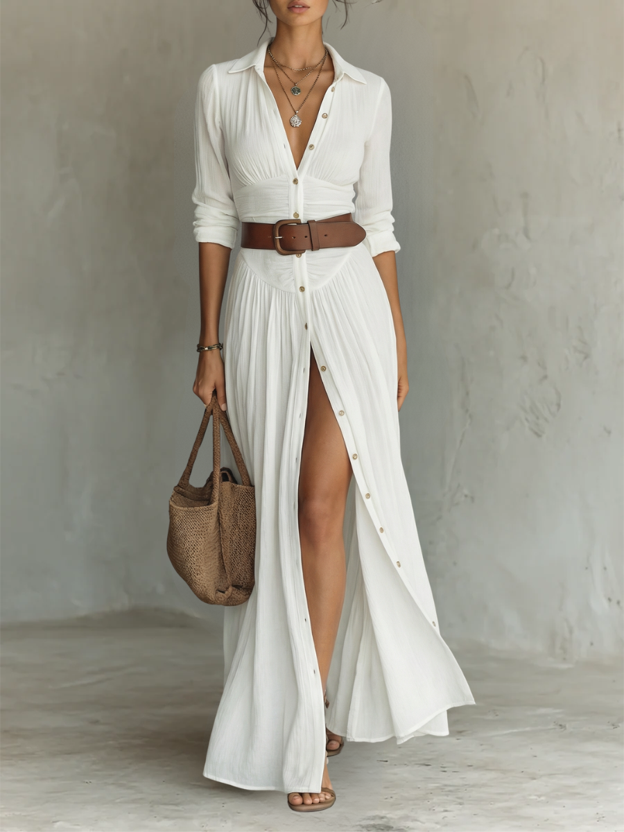 Long Sleeve Notched Collar Linen Maxi Dress