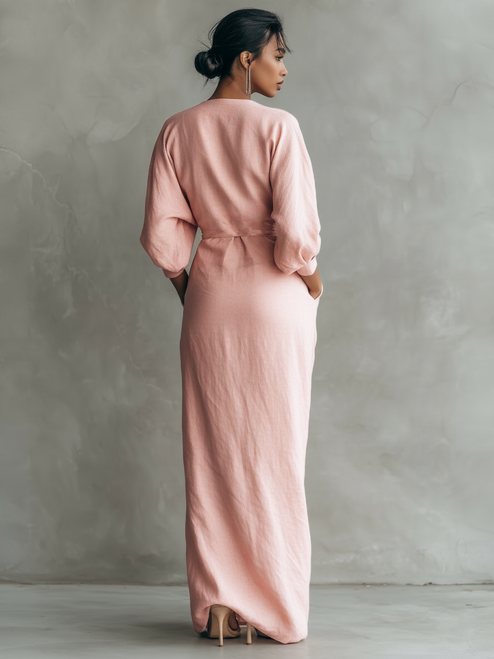 V-Neck Pink Linen Maxi Dress