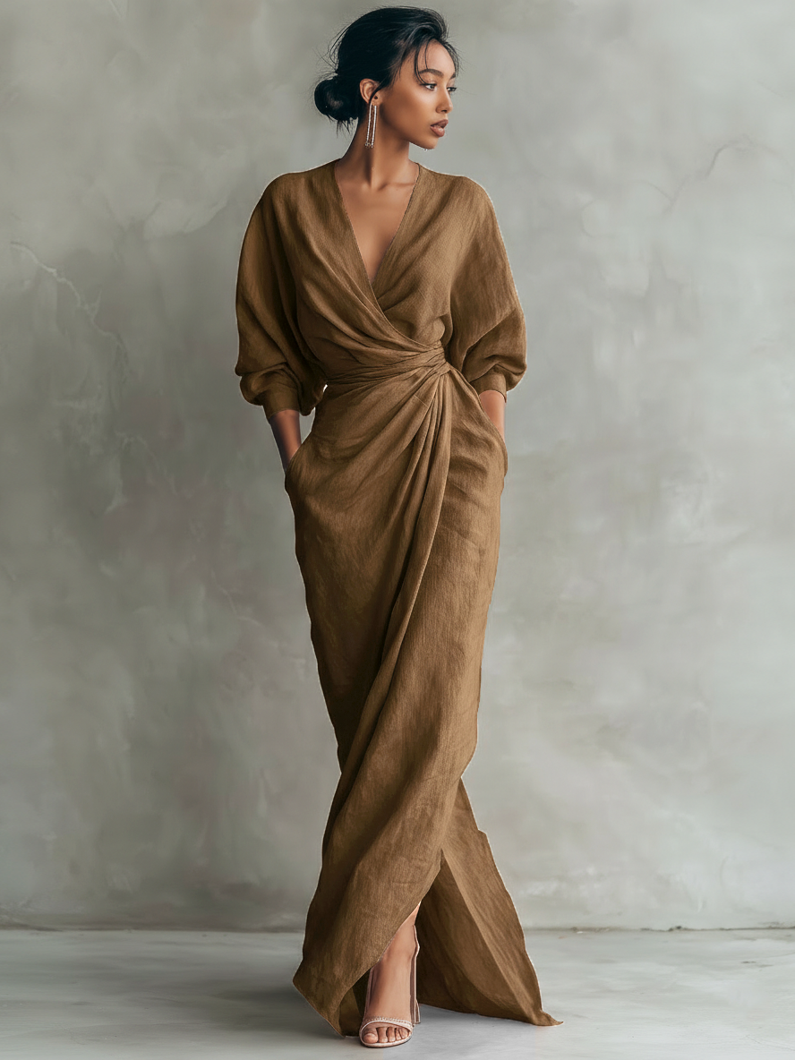 V-Neck Pink Linen Maxi Dress