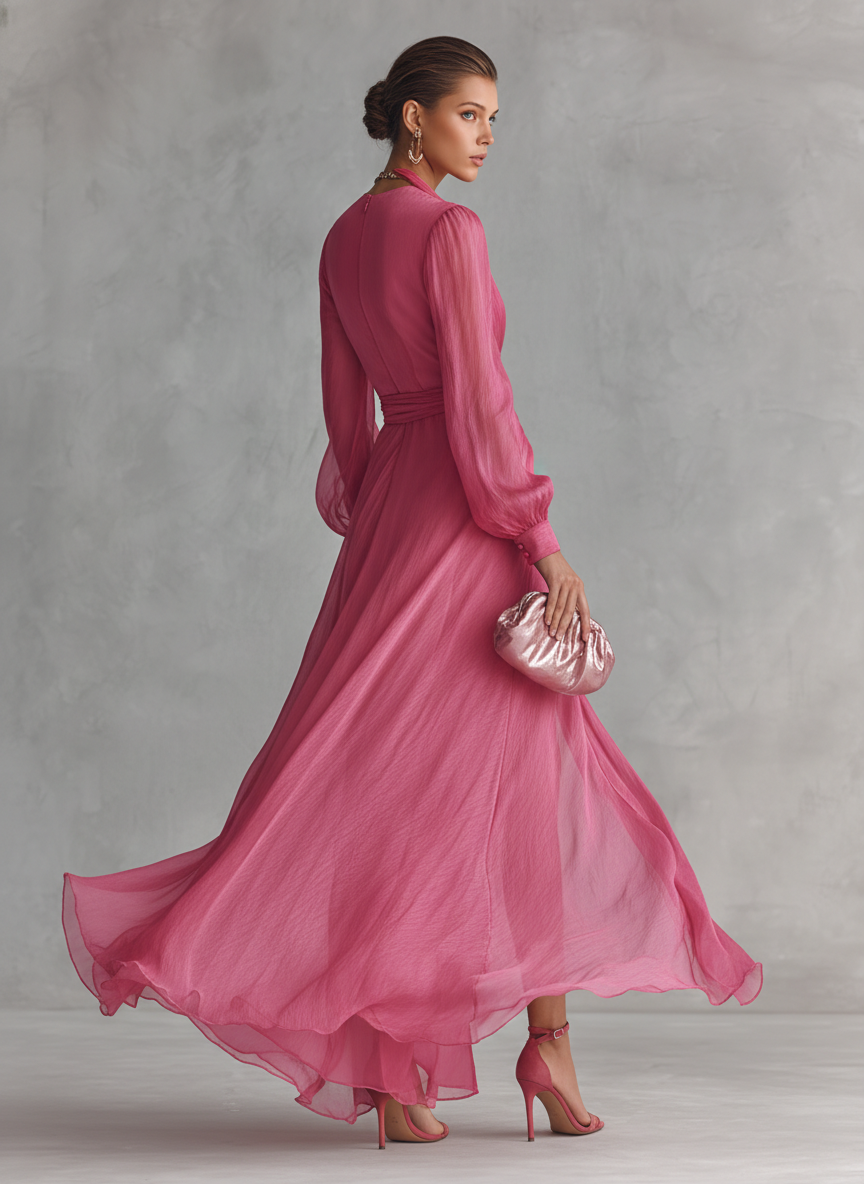 V-Neck Pink Chiffon Dress