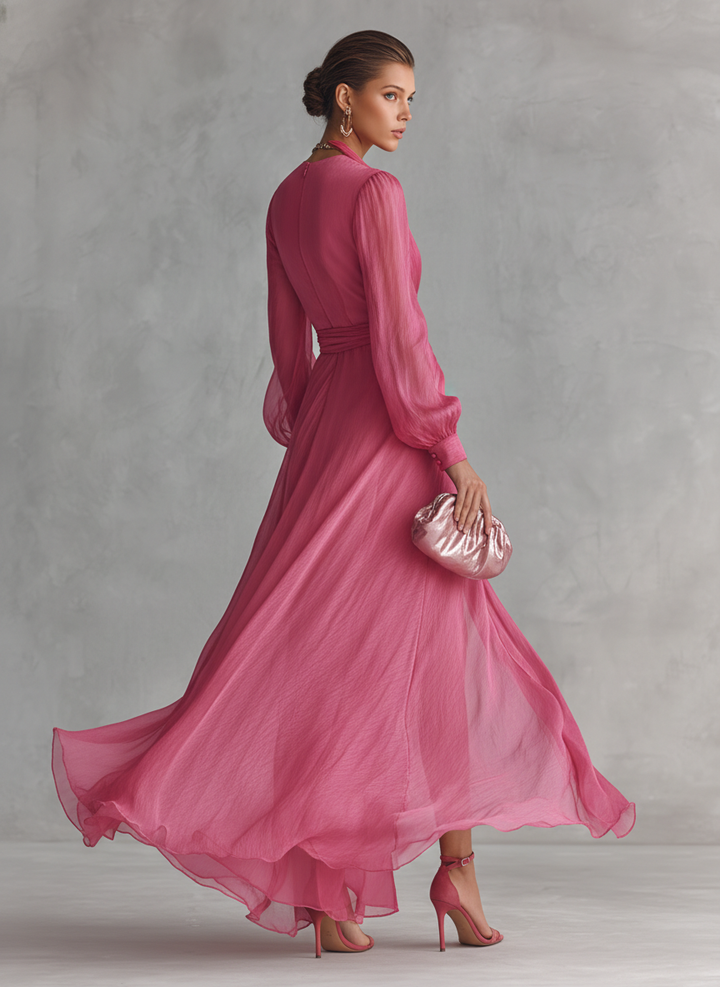V-Neck Pink Chiffon Dress