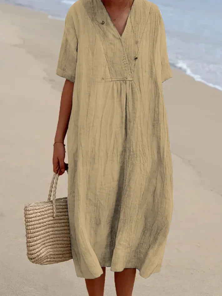 Sophia | V-Neck Casual Dress with Linen-Like Texture