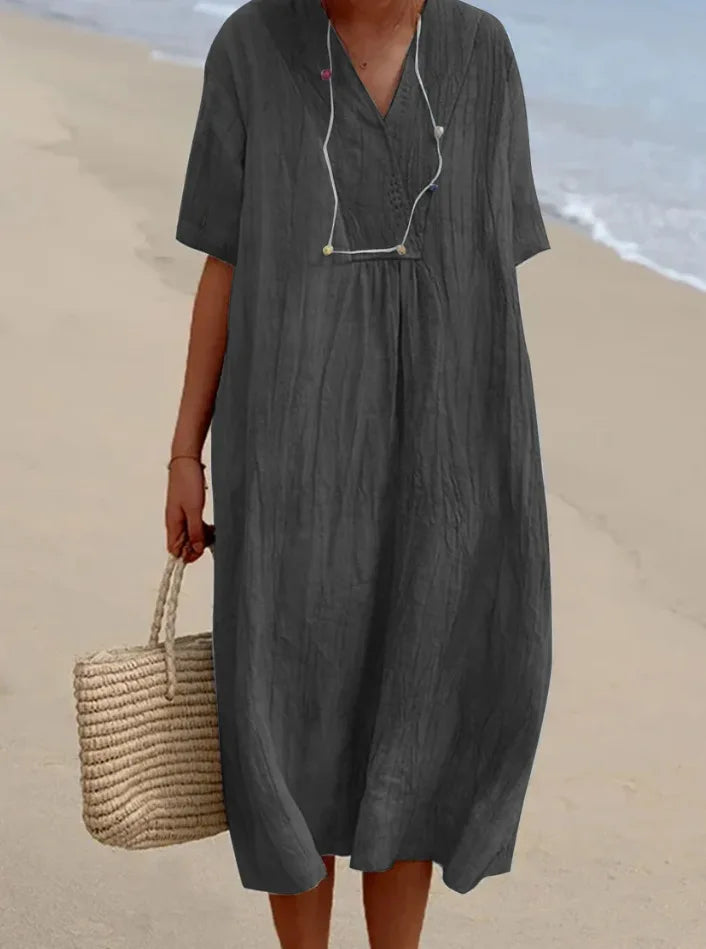 Sophia | V-Neck Casual Dress with Linen-Like Texture