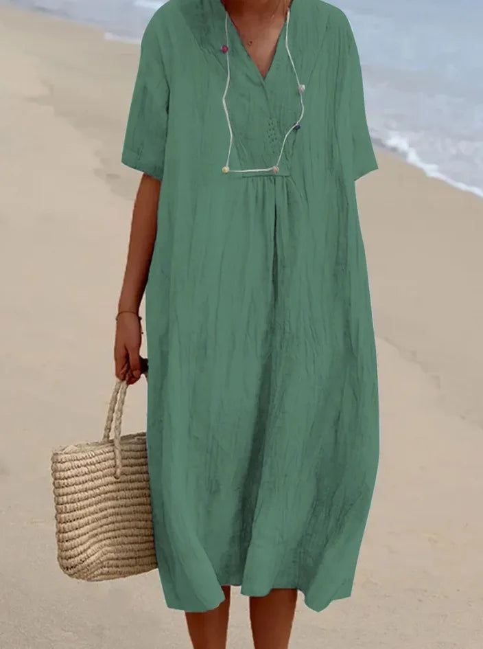 Sophia | V-Neck Casual Dress with Linen-Like Texture