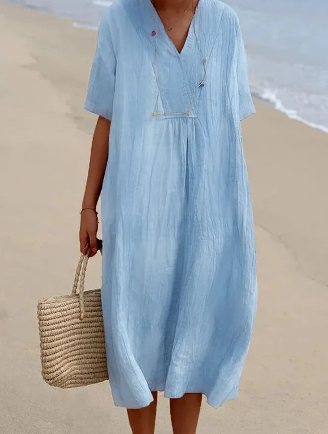 Sophia | V-Neck Casual Dress with Linen-Like Texture