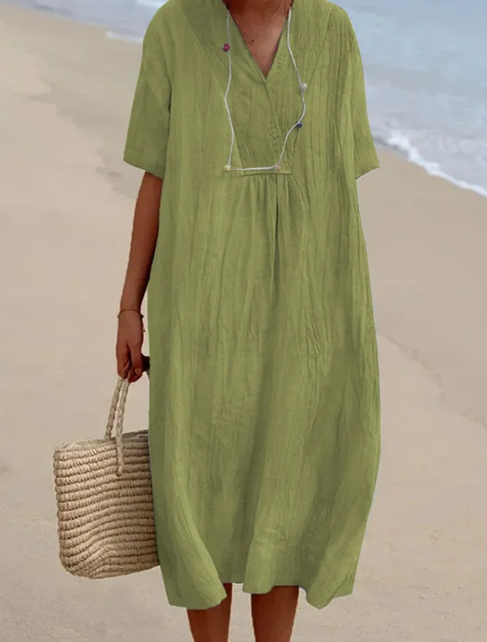 Sophia | V-Neck Casual Dress with Linen-Like Texture