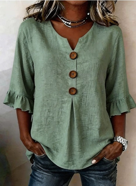 Sophia | Solid Colour Cotton-Linen Blouse