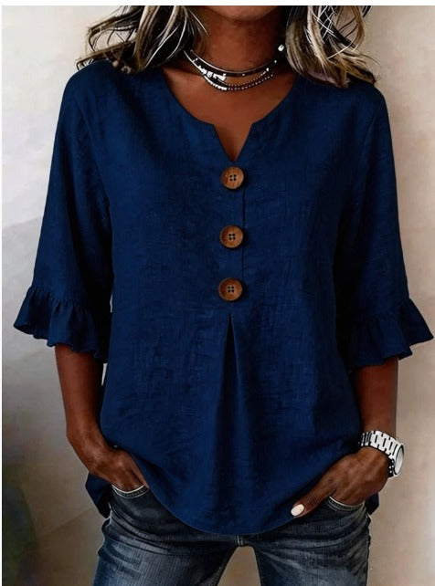 Sophia | Solid Colour Cotton-Linen Blouse