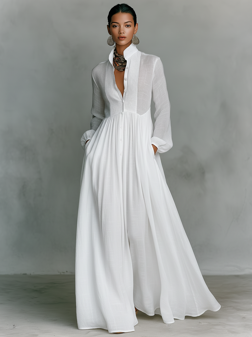 Stand Collar Patchwork Linen Maxi Dress